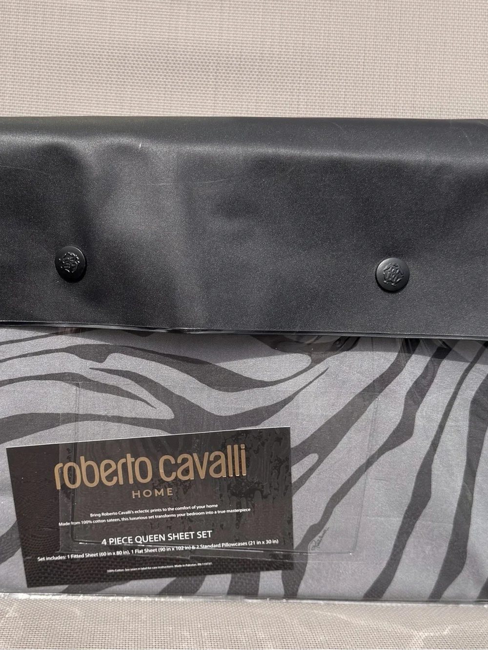 Roberto Cavalli Home Queen Sheet Set 4 Piece Black Gray Zebra 100% Cotton NEW